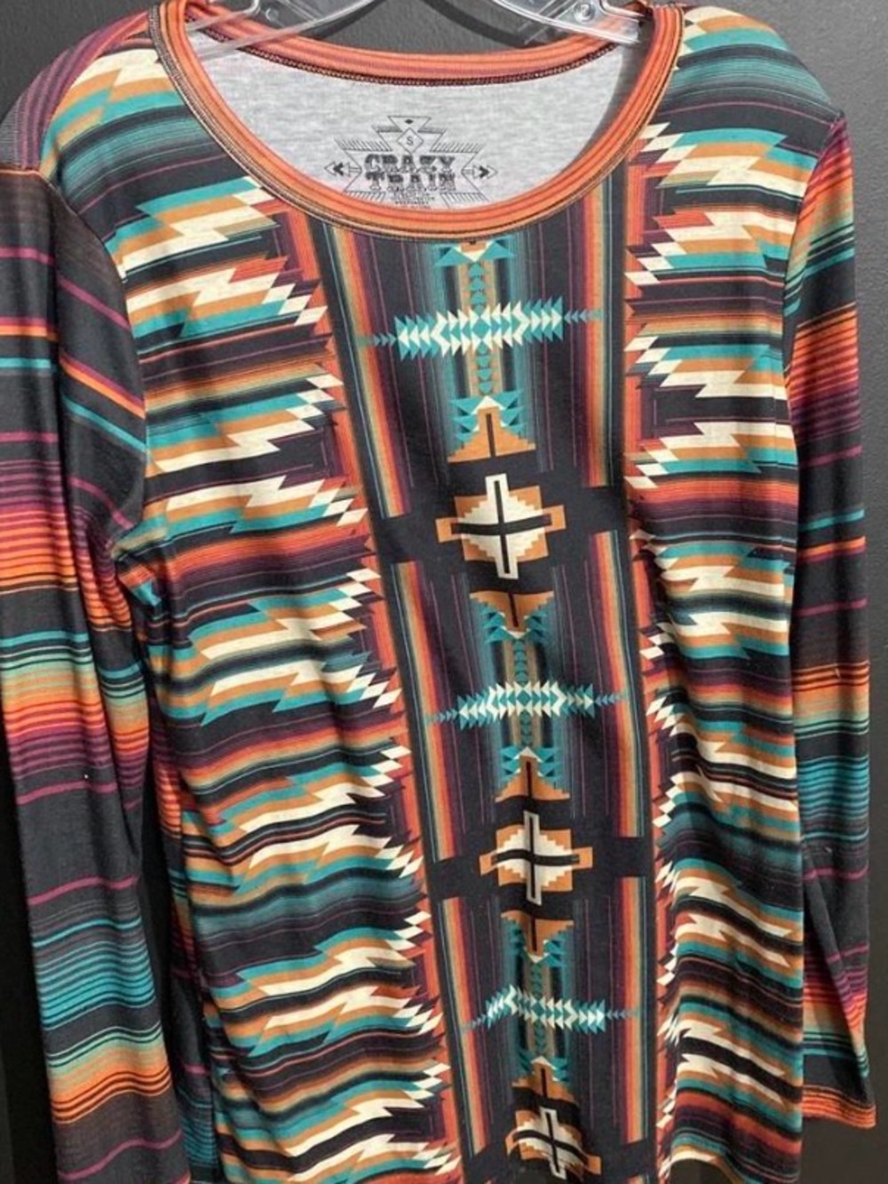 Crazy Train Southwestern Stripe Long-Sleeve Top - Teal, Rust, Cream, Black